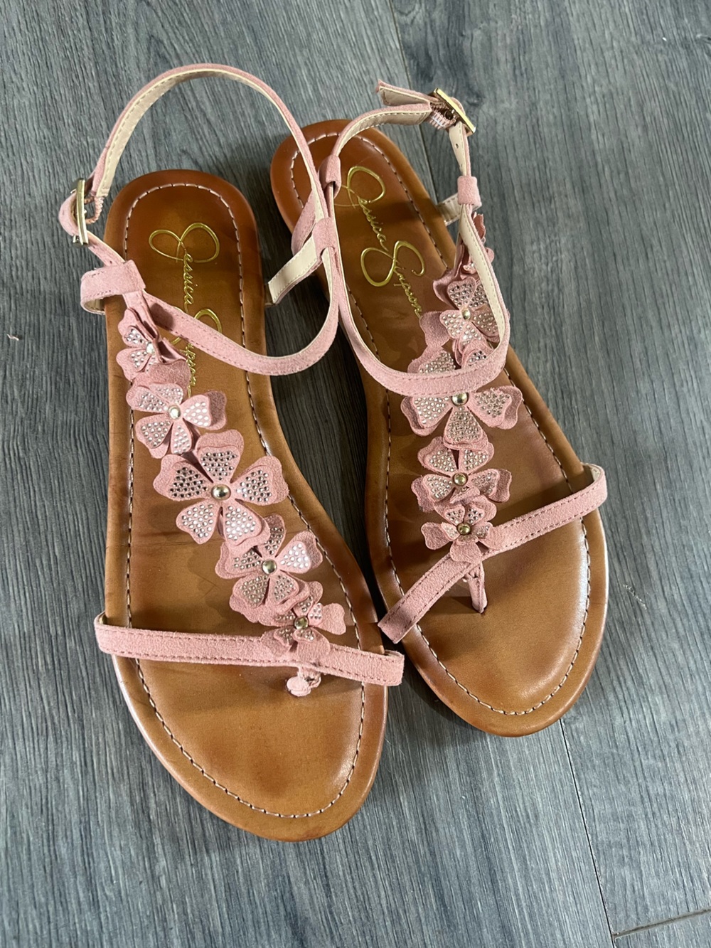 Jessica Simpson Pink Floral T-Strap Embellished Sandals